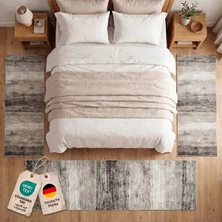 oKu-Tex Bettumrandung Set 3-teilig [67x340 cm | 2 mal 67x140 cm] Beiger Bettvorleger, meliert - weicher Kurzflor pflegeleicht - Bettvorleger Schlafzimmer - Modernes meliertes Design - Deutsche Marke