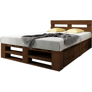 Lermowood Palettenbett M2 aus Holz 140 x 200 cm Palisander mit Kopfteil und 2 Bettkästen Holzbett 40cm Stabiles Seniorenbett Kinderbett Jugendbett Gästebett erhöhtes Bettgestell Futonbett Komforthöhe