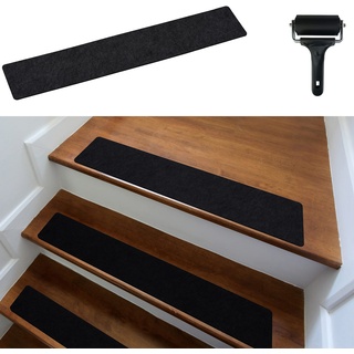 cocofy Treppenstufen Matten modern 15er Set, 60x12 cm groß Filz selbstklebend | Stufenmatten innen 15 Stück Teppich Treppenstufen Treppenteppich selbstklebend Treppen Teppichstufen schwarz