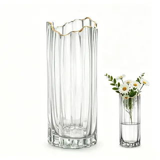 Klarglasvase, Glas-Blumenvasen, Zylinderglas Blumenvase-Bud Vasen, Mini Vase Tulpen Set, Blume für Mittelstücke Tulpen Hochzeit, Haus, Party, Büro, klar mit Goldrand (Hellgold)