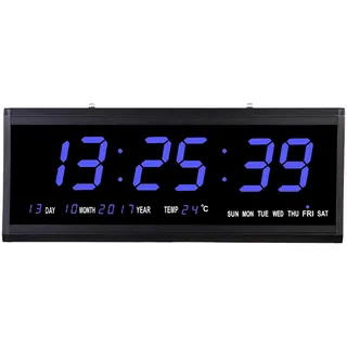 Wiyuer LED Wanduhr Digitaluhr Beleuchtung Küchenuhr mit Datum Temperaturanzeige Großbildschirm für Wohnzimmer Schlafzimmer 12/24-Stunden-modus Kalender Blau 48X19X3 cm