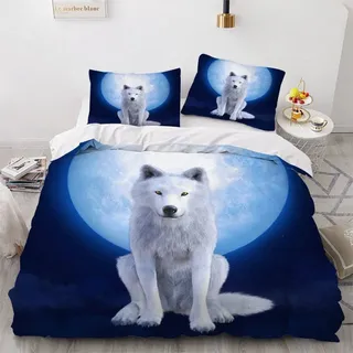 XPINGO Kinder Bettwäsche Wolf 135x200 cm 2teilig Jungen 100% Mikrofaser Sommer Weiche Winter Warm Bettbezüge mit Reißverschluss 3D Mond Sternenhimmel Wolf Bettbezug mit Kissenbezüge 80x80 cm