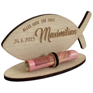 minimutz Geldgeschenk personalisiert zur Taufe | Gravierter Fisch aus Holz zum Geld verschenken und verpacken mit Namen | Taufgeschenk für Kinder Mädchen Jungen