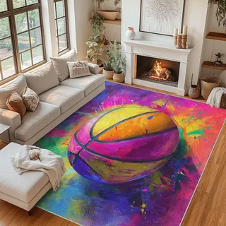 Generisch Teppich Wohnzimmer Basketball, Teppich Bunte Graffiti Sport Jungen 100x150 cm, Kurzflor, Waschbarer, Weich, rutschfest Bettvorleger für Kinderzimmer Schlafzimmer ZY&L10