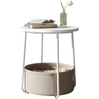 Songmics Beistelltisch Lilea mit Korb Rund Weiß-Beige