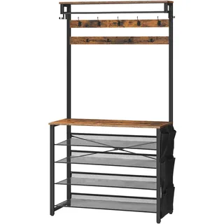 HOOBRO Garderobenständer, Schuhregal mit Garderobe, Kleiderständer mit Schuhablage, Schuhschrank mit 5 Ebenen, für Flur, Dunkelbraun EBF80MT01G2