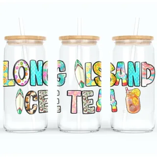 online-hut - Trinkglas - Longdrink Glas - Becher aus Glas inkl. Deckel und Strohhalm - mit Long Island Ice Tea Schriftzug - A-SB-12-1 (Glitter Blau)