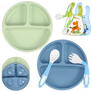 twocolor 2 Satz Baby Teller, Trennwand-Design Teller mit Saugnapf mit Utensilien und Lätzchen, BPA-frei, spülmaschinenfest und mikrowellen, einfaches Entwöhnen & Füttern für Baby Kleinkind (Blau Grün)