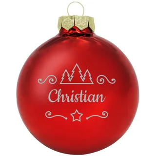 Deitert Weihnachtskugel mit Namen oder Wunschtext graviert, Ø 8cm, personalisierte Christbaumkugel aus Glas (glänzend), individueller Weihnachtsbaumschmuck mit Gravur, Tannen-Motiv, Rot