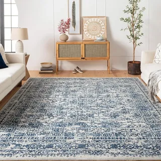 Livabliss Marrakech Vintage groß - Orientalischer Wohnzimmer 160x216 cm, Esszimmer, Schlafzimmer - Boho Kurzflor e für einfache Pflege - Natural Weiß und Blau