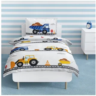 MTOnlinehandel Babybettwäsche Bagger 100x135 + 40x60 cm, 100 % Baumwolle Flanell, Biber, 2 teilig, Fahrzeuge, Baustelle Kinderbettwäsche für Babys und Kleinkinder bunt