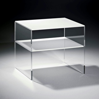 Hochwertiger Acryl-Glas Beistelltisch/Nachttisch mit 1 Fach, Tischplatte und Unterboden weiß, Seiten klar, 40 x 33 cm, H 35 cm, Acryl-Glas-Stärke 8 mm