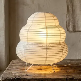 Reispapier Tischlampe Weiß 23x26cm, E14 Fassung mit 1,5m Kabel & Schalter | inkl. LED Birne, Faltbarer Papierschirm Nachttischlampe, Papierlaterne Tischlampe Stimmungslicht für Wohnzimmer Schlafzimmer