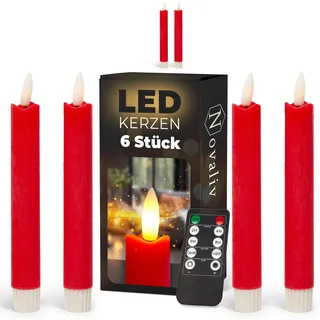 Stabkerzen LED mit Timer ROT 6 Stück indoor - 6 Stunden - ECHTWACHS 18cm Höhe für Kerzen 2,2cm Durchmesser 2 AAA Batterien notwendig LED Stabkerzen 4er Set ROT (zwei Mal) bewegliche Flamme Licht