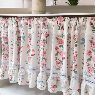 A.Monamour Gardine Scheibengardinen Kurzstores Blickdicht Rosa Rosen Floral Baumwolle Bestickte Spitze Kurzvorhang Kurzgardinen Küchengardine Volants Küche Fenster Cafe Kurz Vorhang Bistrogardine