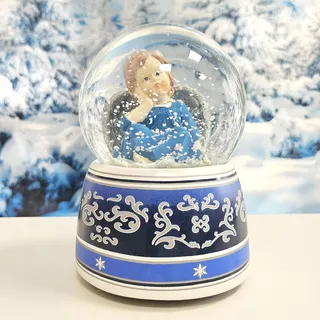 Schneekugel Weihnachten Engel mit Flügel | Sockel mit Ornamente | mit Spieluhr | Höhe: 140mm Breite: 100mm | 20030 (Engel blau verträumt)