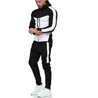 L.gonline Freizeitanzug Herren Jogging-ANZUG, mit Bündchen und Tunnelzug, Trainingsanzug (Kapuzenjacke mit Reißverschluss, Hose, 2-tlg), Fitness Freizeit Casual schwarz|weiß M