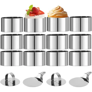 Vexnaro 16 Stück Dessertringe set, Tortenring 8 x 4 cm, Speiseringe, Edelstahl Servierringe mit 3 Grundplatten, 3 Deckeln und Latte-Art-Schablonen, Kleiner Kuchenring für Dessert, Kuchen, Mousse