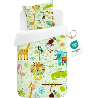 Bettwäscheset 140 x 200 cm, Kinderbett, Dschungel Tiere, 1 Kissenbezug 65 x 65 cm, Polyester