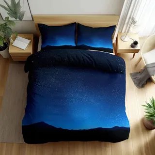 Wende Galaxie Bettwäsche Nachtlandschaft Sternenhimmel Berge Bettbezug 135 x 200 cm, Druck Mitternachtsblau Bettwäsche-Sets Weich 2 teiligs, Atmungsaktiv Betten Set für Kinder Jungen Mädchen