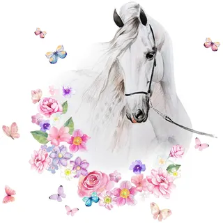 Little Deco Wandtattoo Pferdekopf mit Blumen & Schmetterlingen DL464 L - 55 x 61 cm (BxH)