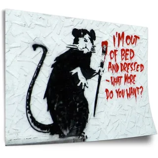 Poster aus Baumwolle Banksy - Ratte mit Pinsel "What do you want?" Rat I'm out of bed Graffiti-Wandbild Kunstdruck ohne Rahmen, Wandbild - A4, A3, A2, A1, A0, XXL - Wohnzimmer, Schlafzimmer, Küche,..