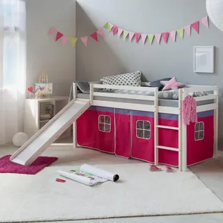 Homestyle4u Hochbett 90 x 200 cm Kiefer massiv lackiert weiß pink