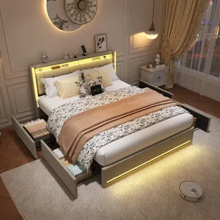 Polsterbett Doppelbett 180x200 cm, Stauraumbett mit 4 Schubladen, Bett 180x200 mit Bettkasten und Lattenrost, LED Kopfteil mit USB Ladestation, Jugendbett Funktionsbett Rückenlehne Bett, Leinen