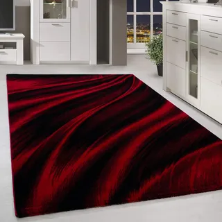 HomebyHome Kurzflor Teppich 240x340 cm, Modern Abstrakt Wellen Design in Rot Schwarz, Pflegeleicht, ideal für große Wohnräume, Loftbereiche oder Konferenzzimmer