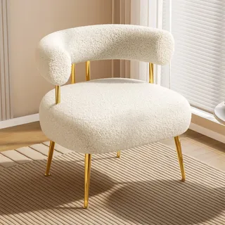 Teddy Sessel mit Sherpa-Bouclé, Polsterstuhl mit goldenen Metallfüßen, Loungesessel mit U-Rückenlehne, Akzentstuhl für Wohnzimmer, Schlafzimmer, Büro oder Schminktisch(Weiß)