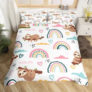 Niedlich Faultier Bettbezug Set Kinder Regenbogen Cloud Hreat Drucken Betten Set für Jungen Mädchen Tier Bettwäsche Set 135x200cm Atmungsaktiv Niedlich Bettdeckenbezug Zimmer Dekor Kawaii Bettbezug