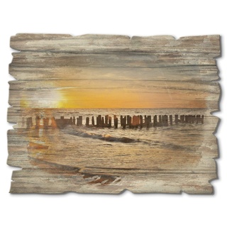 ARTland Wandbild aus Holz Shabby Chic Holzbild rechteckig 40x30 cm Querformat Strand Sonnenuntergang Meer Küste Ostsee Himmel Maritim T3ZU
