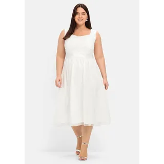 Abendkleid SHEEGO "Große Größen", Damen, Gr. 40, Normalgrößen, weiß (sanftes weiß), Obermaterial: 100% Polyester;Hauptfutter: 95% Polyester, 5% Elasthan;Futter unten: 100% Polyester;Rüsche: 100% Polyester, unifarben, elegant, figurumspielend wadenlang, eckiger Ausschnitt, ohne Ärmel, Kleider Partykleid, mit Stickerei