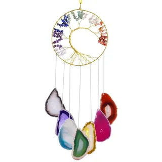 KYEYGWO 7 Chakra Stein Baum des Lebens Hängen Deko, Heilung Kristall Wand Hängende Ornament Achat Scheiben Traumfänger Handgemacht Hängedeko Edelstein Fenster Dekoration, Mehrfarbig