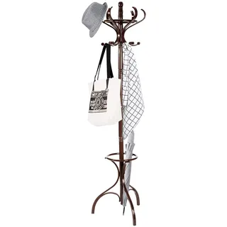 Costway Garderobenstaender Holz, Jackenstaender Mit 12 Haken, Kleiderstaender Mit Schirmstaender, Garderobe Standgarderobe 182cm Braun