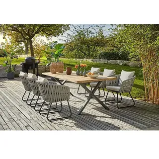 Sunfun Maja Gartenmöbel-Set  (8 -tlg., Teak/Edelstahl/Seilgeflecht, Teak/Grau/Beige, Baumkante/X-Gestell)