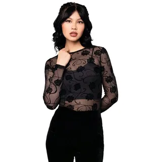 Hell Bunny Mesh-Top Florence Langarm Mesh Netz Spitze Samt Rosen Rose Oberteil schwarz XL