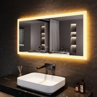 SONNI Badezimmerspiegel mit Beleuchtung 120x60 cm, 3 einstellbare Lichtfarbe, Anti-Beschlag LED Badspiegel Lichtspiegel Wandspiegel mit Touchschalter, Uhr, Temperatur