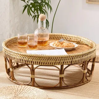 JINGSHIQIAOPL Japanischer Tatami-Couchtisch, Rattan Runder Niedriger Tisch, Japanische Möbel für Wohnzimmer, Schlafzimmer und Picknick Im Freien(76x76cm/30x30in)