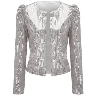 IQYU Kurzblazer Damen Festlich Silber - Glitzer-Sakko Damen Kurz Schulterjacke Festlich-Bolero Jacke Pailletten-Blazer Leicht Sommerjacke Langarm Bolerojacke Shrug Top Party Glänzend-Cardigan - 3XL