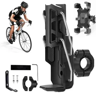Verstellbarer Fahrrad-Flaschenhalter mit Handyhalterung, 360° drehbarer Becherhalter für Flaschen von 3,2–8 cm Durchmesser, ABS + Edelstahl, passend für Fahrrad/Motorrad/Roller/ATV/Kinderwagen