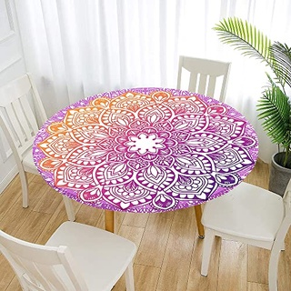 Morbuy Rund Tischdecke Elastisch, Lotuseffekt Abwischbar Rund Tischdecken Mandala Tischtuch für Küchen Garten Outdoor (Durchmesser 90cm,Rosa)