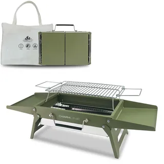 Charmline Tragbarer Holzkohlegrill, Klappbarer Campinggrill 35 x 23 cm für 1–3 Personen, Mini BBQ Grill für Balkon, Garten, Camping, Picknick und Strand, Grün