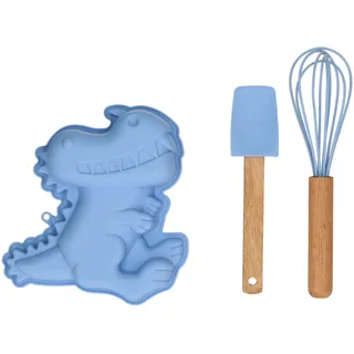 Wilton Baking Kit Backset, Dino, Set/3 | Dinosaurier Backset für Kinder, Silikon Kuchenform mit Schneebesen und Teigschaber
