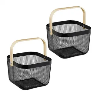 Relaxdays Drahtkorb mit Henkel, 2er Set, Metall, Bambus, HxBxT: 17,5 x 26 x 24,5 cm, eckiger Aufbewahrungskorb, schwarz