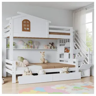 MODFU Etagenbett Kinderbett mit Schubladen und Fenster (Stauraumbett, mit Eck-Leiterschrank, Stabile Lattenroste, Gästebett Holzbett 90x200cm&120x200cm), ohne Matratze weiß