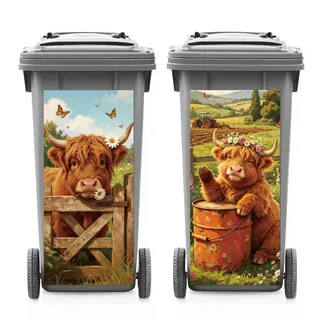 ANATTASOUL Retro Hochlandrinder Mülltonnen Aufkleber Wetterfest | 2 Blätter Mülltonnen Aufkleber 38×82cm Selbstklebend Mülltonnenaufkleber für Behälter,Mülleimer, Mülltonnen, Kühlschrank