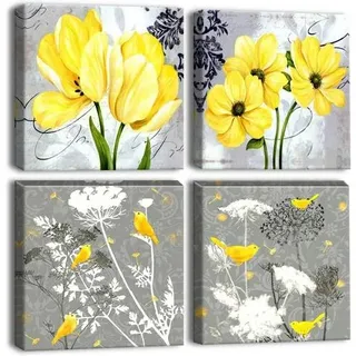 Leinwandbilder 4 Teilig Wandbild Wohnzimmer Gelbe Blumen und Vögel