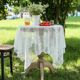 YongXinMY Weiße Spitzentischdecke – Vintage-Blumenstickerei, Tischabdeckung, Shabby-Chic, staubdicht, Landhausstil, Tischplatte für Esszimmer, Kaffee, Tee, Hochzeit, Party, Heimdekoration (60 x 60 cm)