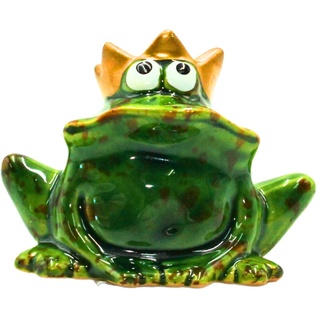 Lustiger Deko-Frosch mit Goldener Krone/Froschkönig, aus Keramik, in grün, für Heim, Garten, Terrasse oder Teich, Größe: L/B/H ca. 4 x 7 x 6 cm